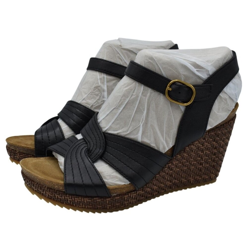 Sofft Womens Size 10 Clarissa Black Leather Wedge Woven‎ Open Toe Sandals Shoes